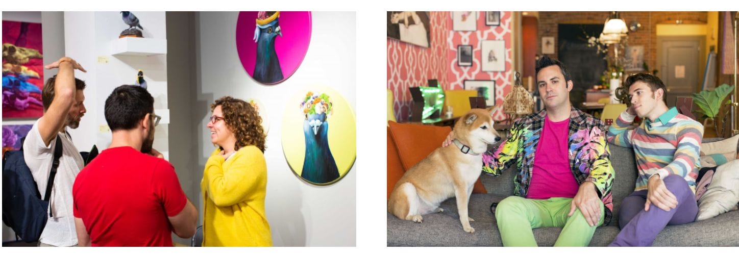 a picture of three people in an art museum next to a picture of two men sitting on a sofa with a dog