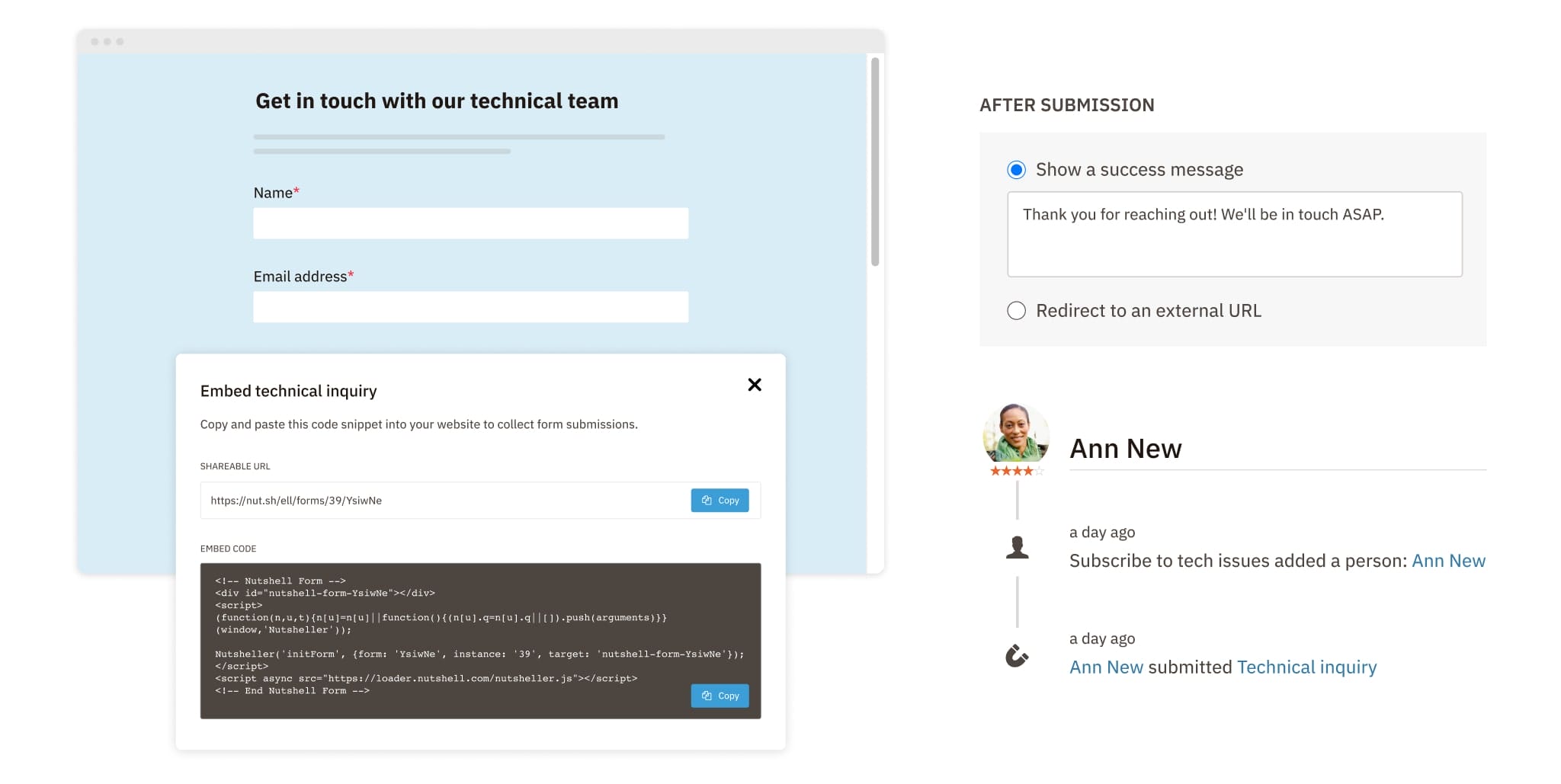 Nutshell CRM web form builder embeddable code and shareable URL screenshot